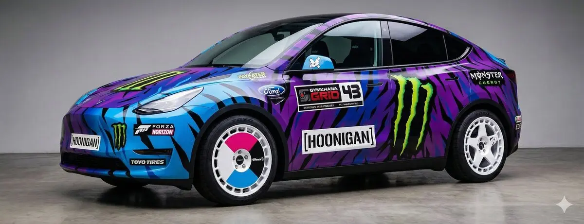 AI-designed Hoonigan-style Tesla Model Y - Monster Energy and Ford sponsored Gymkhana livery concept